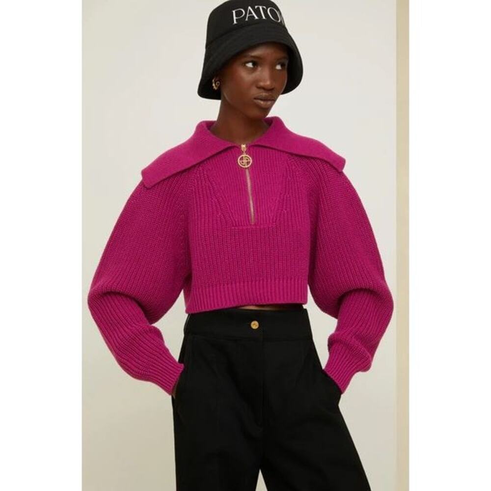 Patou Wool Cotton Zip Sailor Collar Cropped Sweater S Pink Knit Jumper Rib